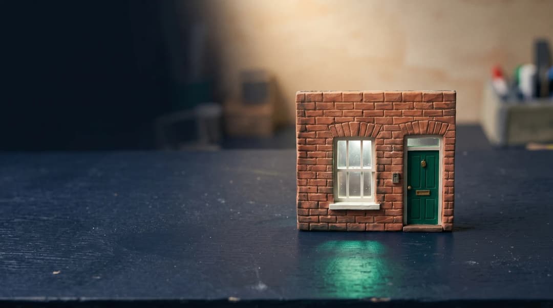 A handmade miniature red-brick doorway with a green door on a navy workshop bench.